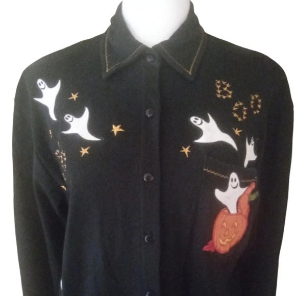 Karen Scott Cotton Rich Ghost Halloween Spooky Button Up Shirt Size Medium - Picture 4 of 7